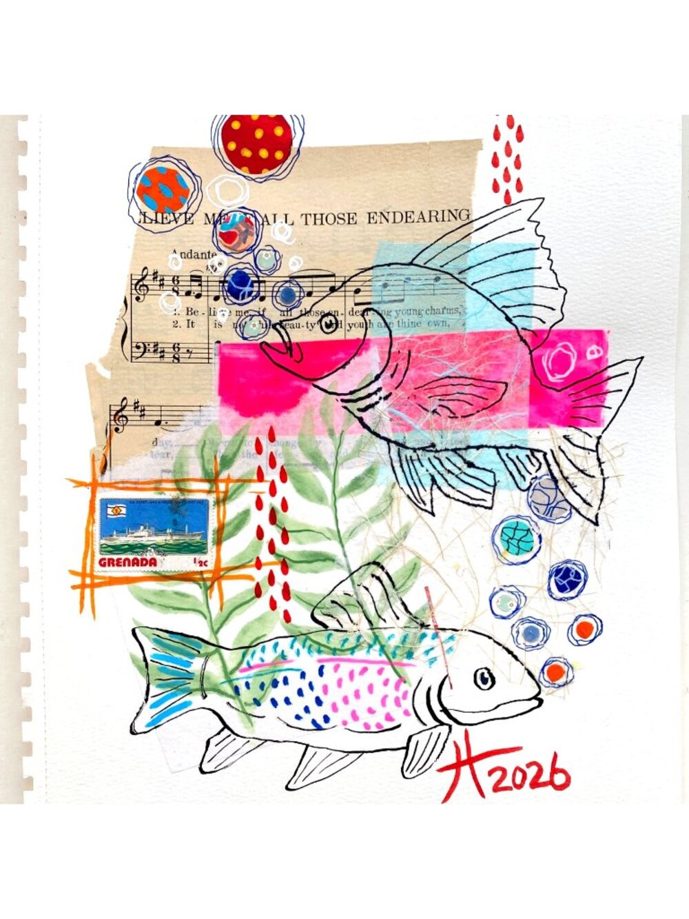 Bubble Bound Original Art Collage Fish Drawing Painting 11x14in Matted